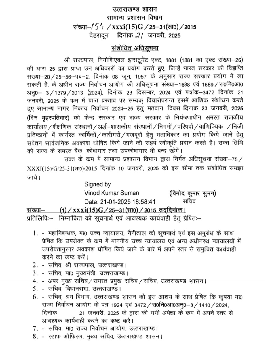 Uttarakhand: New order issued on public holiday of 23 January