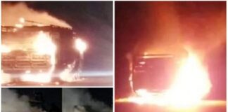 आग की लपटों में घिरा ट्रक
