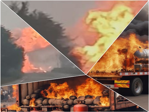 घरेलू गैस सिलेंडरों से लदे ट्रक में भीषण आग, भयानक विस्फोट