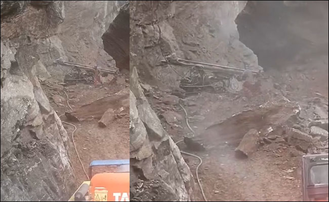 बदरीनाथ हाईवे खोलते समय पहाड़ से गिरी चट्टान; मजदूरों ने भागकर बचाई जान- वीडियो
