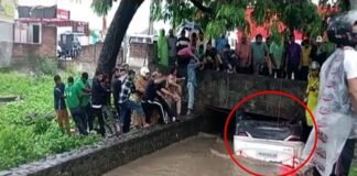 उफनाई नहर में गिरी कार