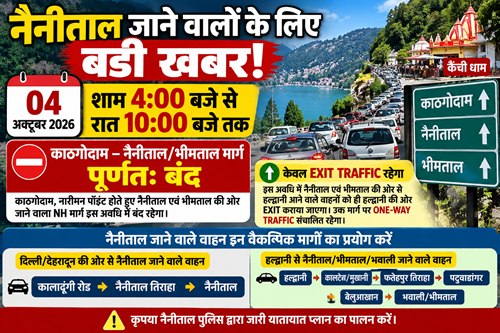 Traffic Alert : 4 अक्टूबर को काठगोदाम-नैनीताल मार्ग बंद, ये होंगे वैकल्पिक रास्ते